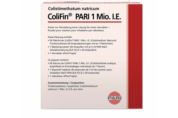 ColiFin PARI pdr inh 1 mio UI avec solvant 56 substance sèche, 60 ampoules NaCl 0.9%, 1 nébuliseur amp 56 pce