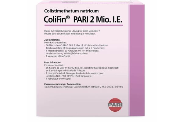 ColiFin PARI Inh Plv 2 Mio IE mit Solvens 56 Trockensubstanz, 60 Ampullen NaCl 0.9%, 1 Vernebler Amp 56 Stk